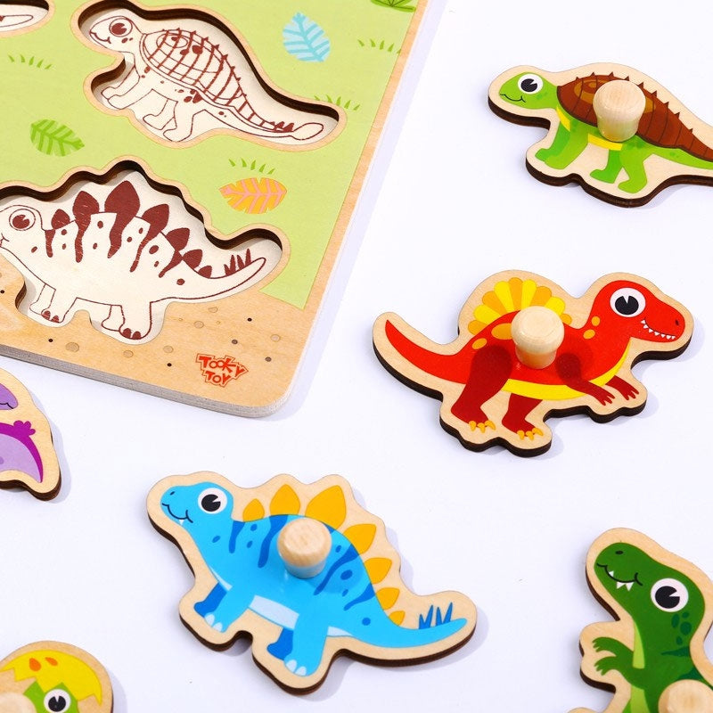 2-TOOKY TOY Drewniane Puzzle Montessori Układanka Dinozaury Kształty-2